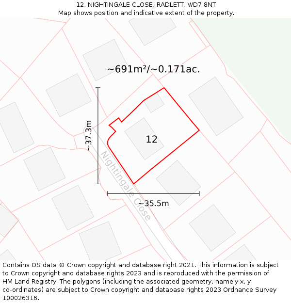 12, NIGHTINGALE CLOSE, RADLETT, WD7 8NT: Plot and title map