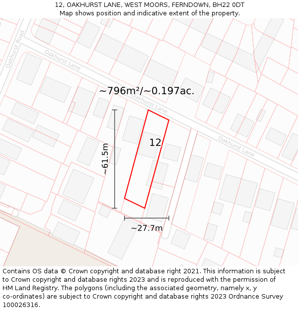12, OAKHURST LANE, WEST MOORS, FERNDOWN, BH22 0DT: Plot and title map