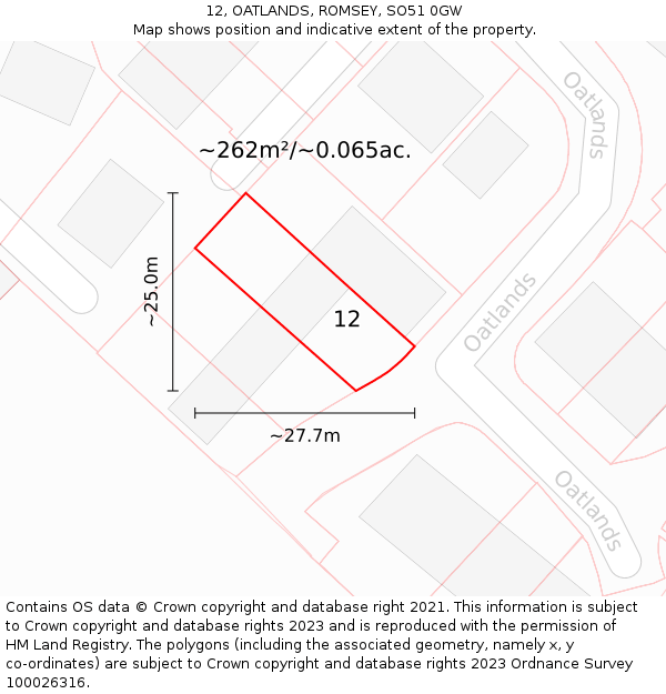 12, OATLANDS, ROMSEY, SO51 0GW: Plot and title map