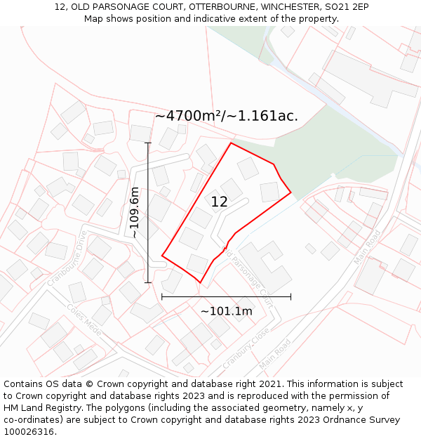 12, OLD PARSONAGE COURT, OTTERBOURNE, WINCHESTER, SO21 2EP: Plot and title map