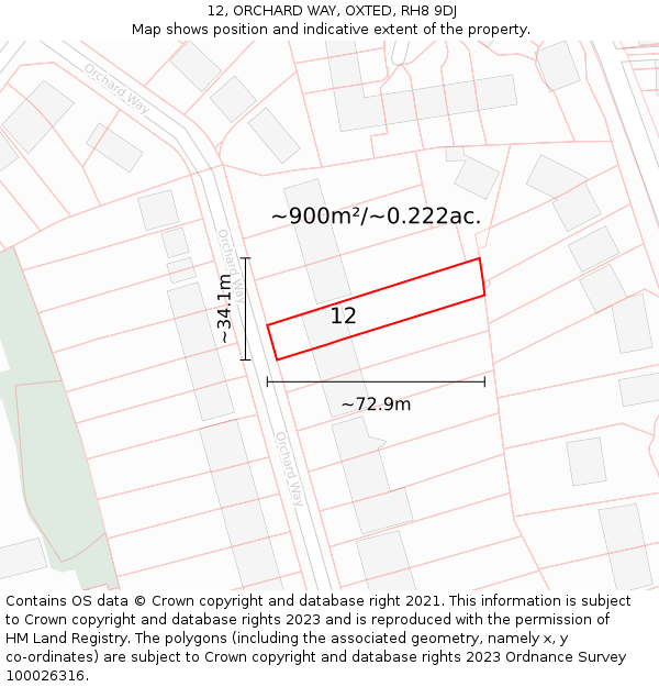 12, ORCHARD WAY, OXTED, RH8 9DJ: Plot and title map