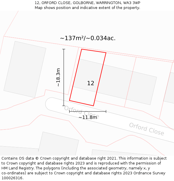 12, ORFORD CLOSE, GOLBORNE, WARRINGTON, WA3 3WP: Plot and title map