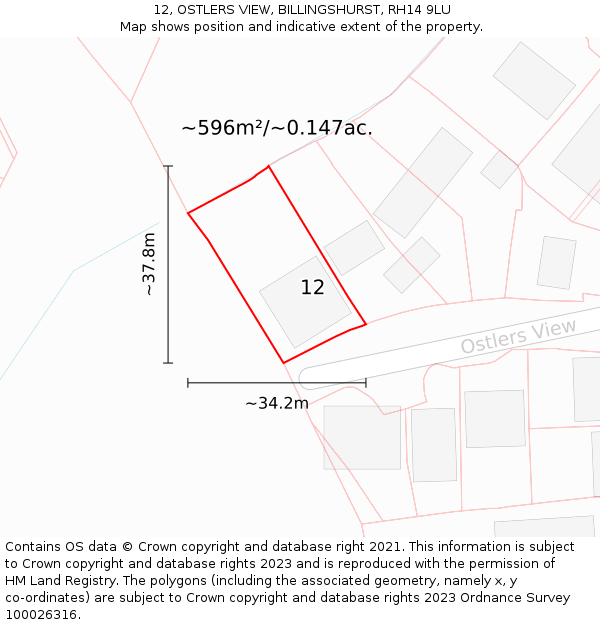 12, OSTLERS VIEW, BILLINGSHURST, RH14 9LU: Plot and title map