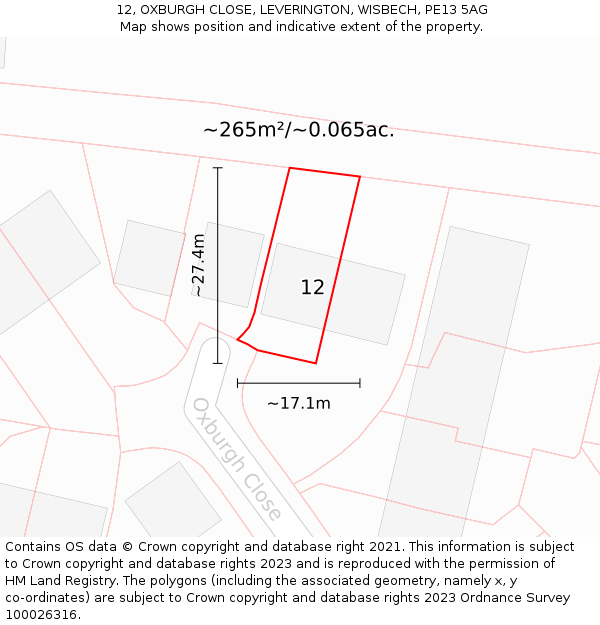 12, OXBURGH CLOSE, LEVERINGTON, WISBECH, PE13 5AG: Plot and title map