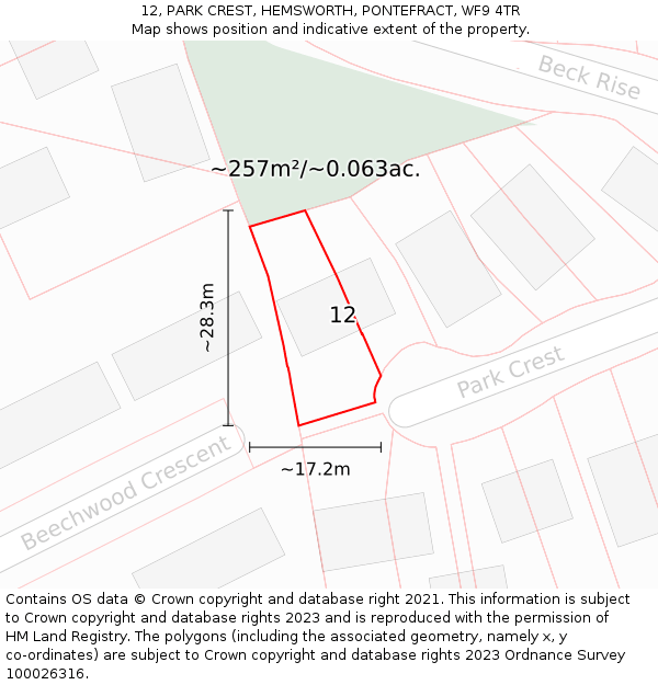 12, PARK CREST, HEMSWORTH, PONTEFRACT, WF9 4TR: Plot and title map