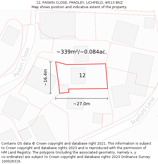 12, PASKIN CLOSE, FRADLEY, LICHFIELD, WS13 8NZ: Plot and title map