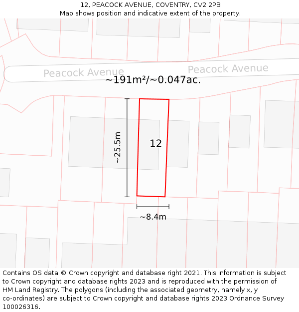 12, PEACOCK AVENUE, COVENTRY, CV2 2PB: Plot and title map