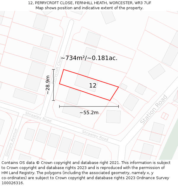 12, PERRYCROFT CLOSE, FERNHILL HEATH, WORCESTER, WR3 7UF: Plot and title map