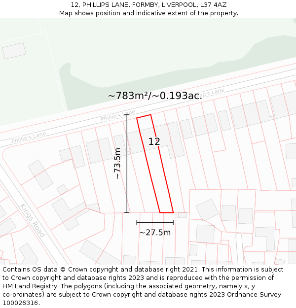 12, PHILLIPS LANE, FORMBY, LIVERPOOL, L37 4AZ: Plot and title map