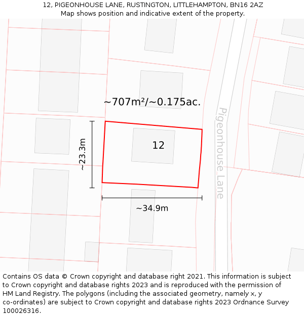 12, PIGEONHOUSE LANE, RUSTINGTON, LITTLEHAMPTON, BN16 2AZ: Plot and title map