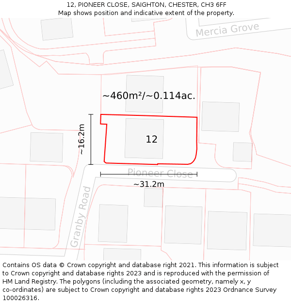 12, PIONEER CLOSE, SAIGHTON, CHESTER, CH3 6FF: Plot and title map