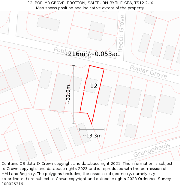 12, POPLAR GROVE, BROTTON, SALTBURN-BY-THE-SEA, TS12 2UX: Plot and title map