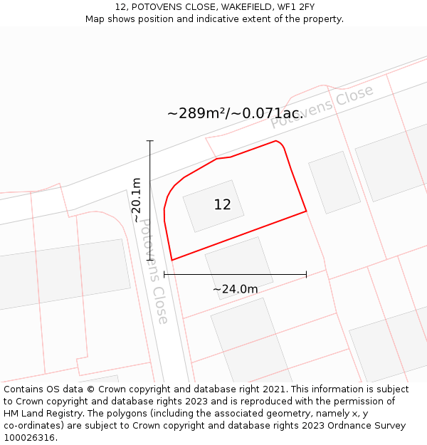 12, POTOVENS CLOSE, WAKEFIELD, WF1 2FY: Plot and title map