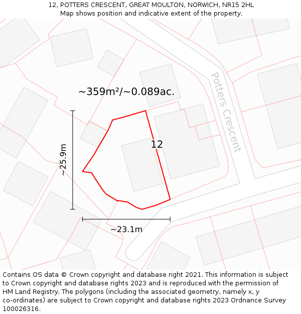 12, POTTERS CRESCENT, GREAT MOULTON, NORWICH, NR15 2HL: Plot and title map