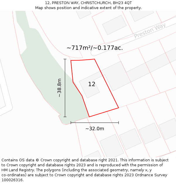 12, PRESTON WAY, CHRISTCHURCH, BH23 4QT: Plot and title map