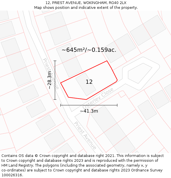 12, PRIEST AVENUE, WOKINGHAM, RG40 2LX: Plot and title map