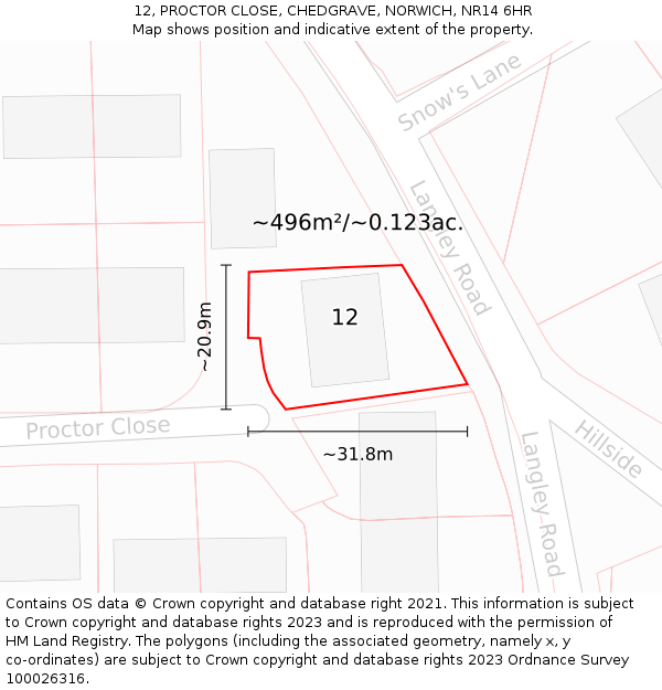 12, PROCTOR CLOSE, CHEDGRAVE, NORWICH, NR14 6HR: Plot and title map