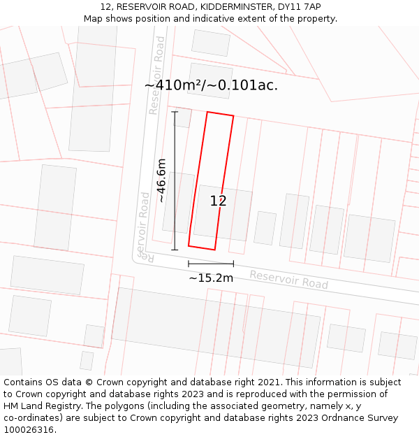 12, RESERVOIR ROAD, KIDDERMINSTER, DY11 7AP: Plot and title map