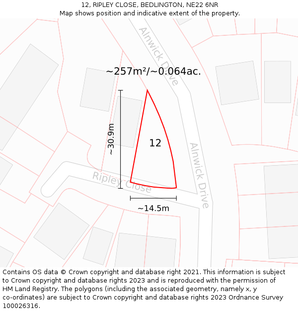 12, RIPLEY CLOSE, BEDLINGTON, NE22 6NR: Plot and title map