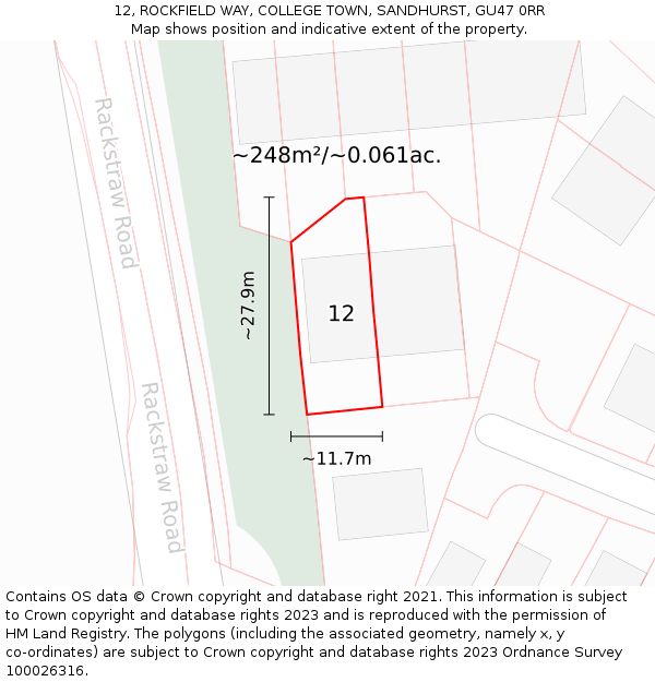 12, ROCKFIELD WAY, COLLEGE TOWN, SANDHURST, GU47 0RR: Plot and title map