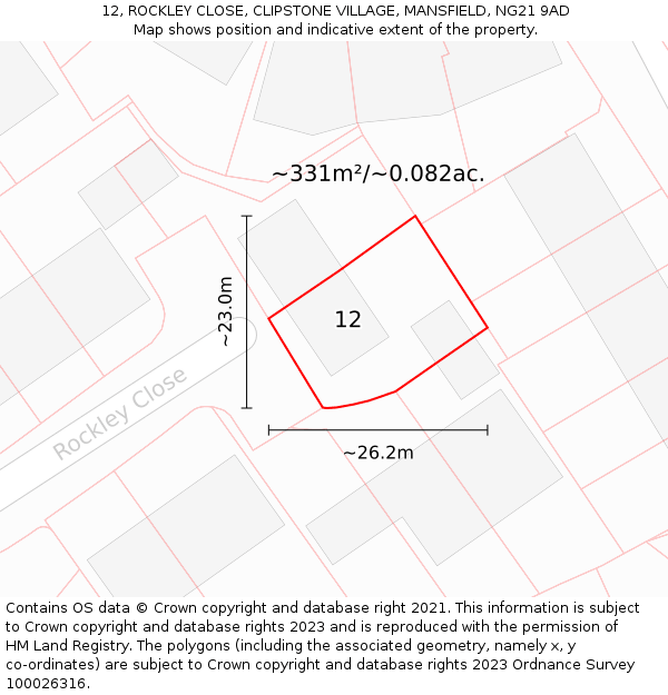 12, ROCKLEY CLOSE, CLIPSTONE VILLAGE, MANSFIELD, NG21 9AD: Plot and title map