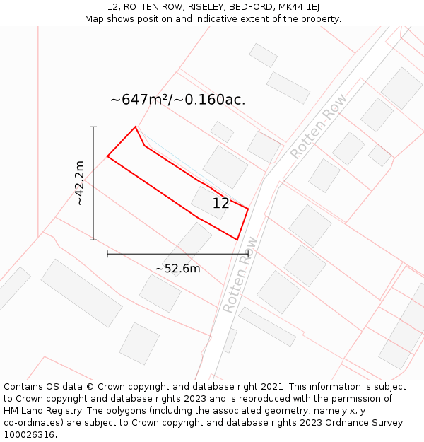 12, ROTTEN ROW, RISELEY, BEDFORD, MK44 1EJ: Plot and title map