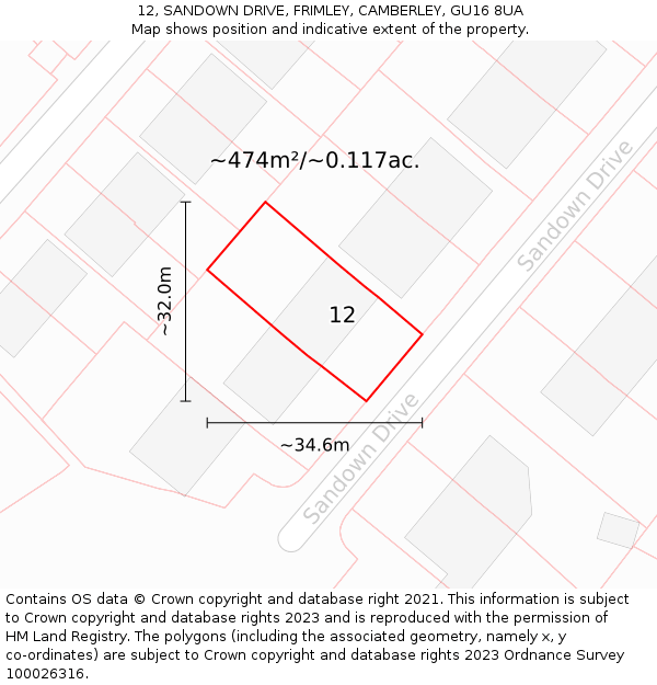 12, SANDOWN DRIVE, FRIMLEY, CAMBERLEY, GU16 8UA: Plot and title map