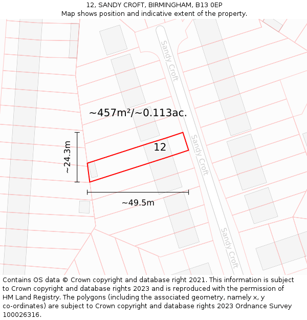 12, SANDY CROFT, BIRMINGHAM, B13 0EP: Plot and title map