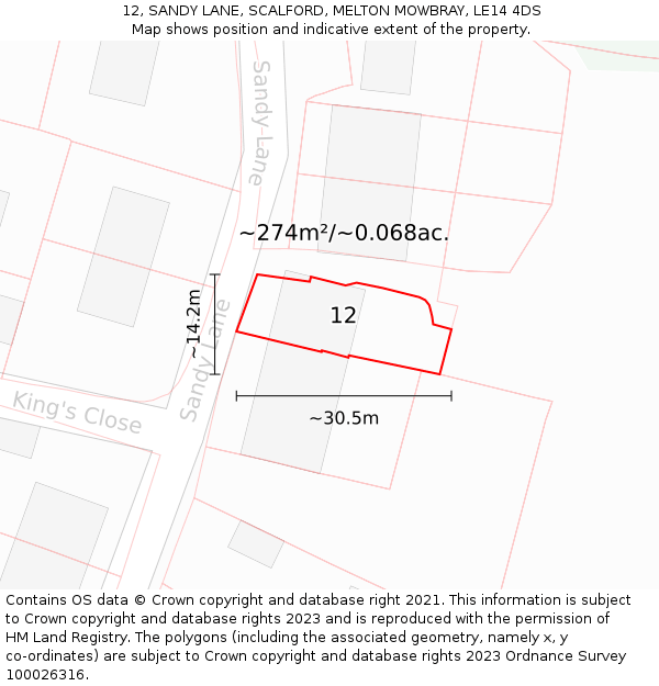 12, SANDY LANE, SCALFORD, MELTON MOWBRAY, LE14 4DS: Plot and title map