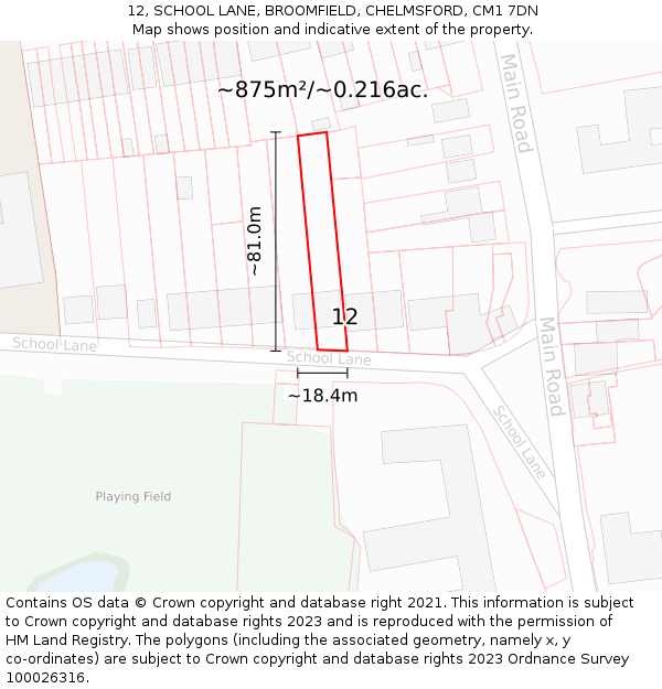 12, SCHOOL LANE, BROOMFIELD, CHELMSFORD, CM1 7DN: Plot and title map