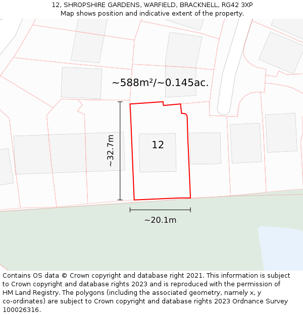 12, SHROPSHIRE GARDENS, WARFIELD, BRACKNELL, RG42 3XP: Plot and title map