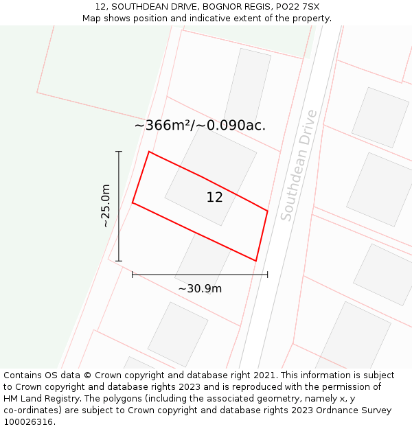 12, SOUTHDEAN DRIVE, BOGNOR REGIS, PO22 7SX: Plot and title map