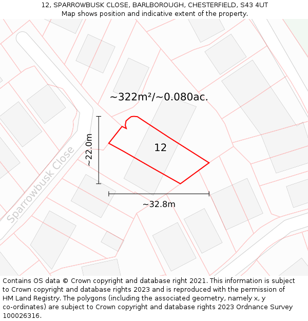 12, SPARROWBUSK CLOSE, BARLBOROUGH, CHESTERFIELD, S43 4UT: Plot and title map