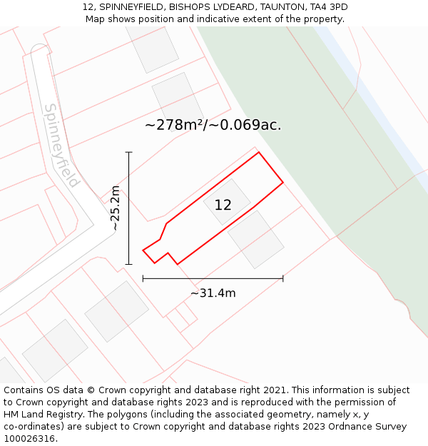 12, SPINNEYFIELD, BISHOPS LYDEARD, TAUNTON, TA4 3PD: Plot and title map