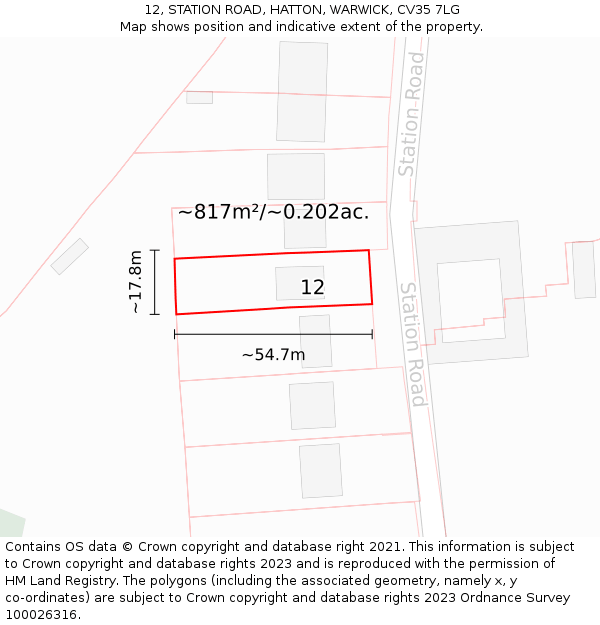 12, STATION ROAD, HATTON, WARWICK, CV35 7LG: Plot and title map