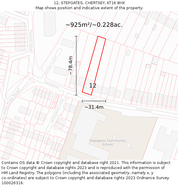 12, STEPGATES, CHERTSEY, KT16 8HX: Plot and title map