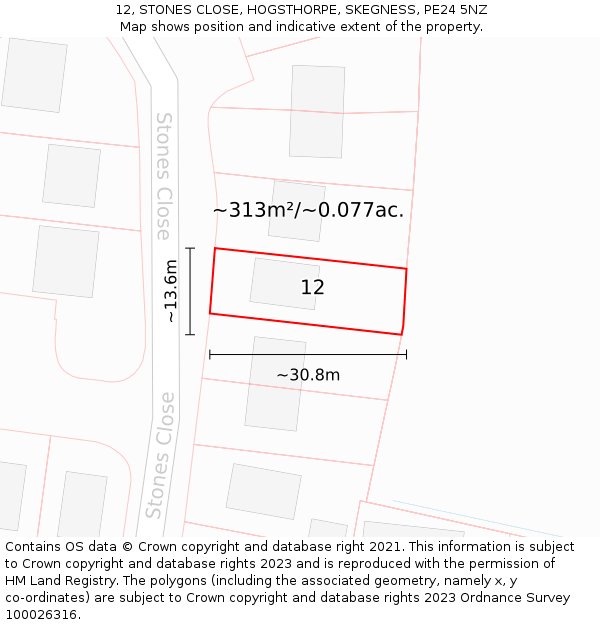 12, STONES CLOSE, HOGSTHORPE, SKEGNESS, PE24 5NZ: Plot and title map