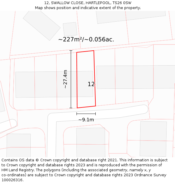 12, SWALLOW CLOSE, HARTLEPOOL, TS26 0SW: Plot and title map