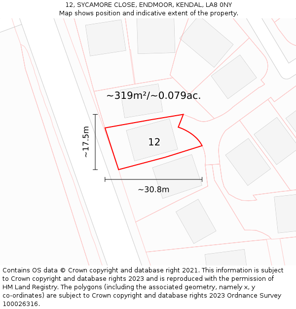 12, SYCAMORE CLOSE, ENDMOOR, KENDAL, LA8 0NY: Plot and title map