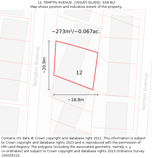 12, TEMPTIN AVENUE, CANVEY ISLAND, SS8 8LF: Plot and title map