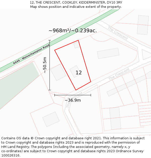 12, THE CRESCENT, COOKLEY, KIDDERMINSTER, DY10 3RY: Plot and title map