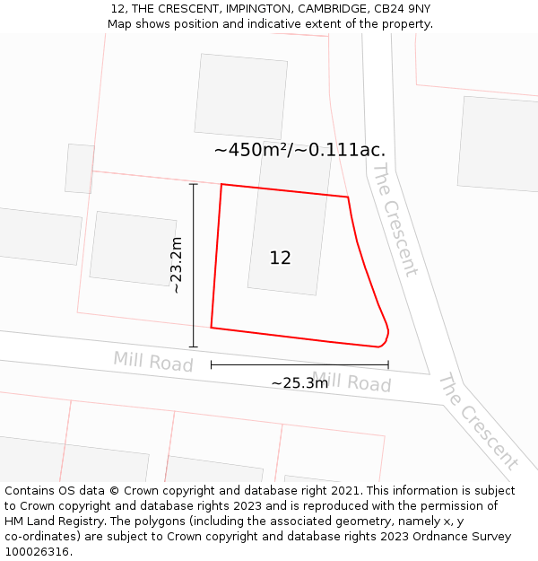 12, THE CRESCENT, IMPINGTON, CAMBRIDGE, CB24 9NY: Plot and title map