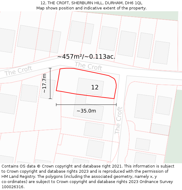 12, THE CROFT, SHERBURN HILL, DURHAM, DH6 1QL: Plot and title map