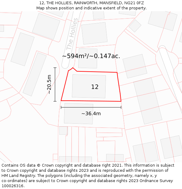 12, THE HOLLIES, RAINWORTH, MANSFIELD, NG21 0FZ: Plot and title map