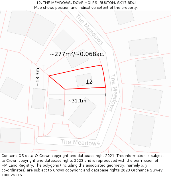 12, THE MEADOWS, DOVE HOLES, BUXTON, SK17 8DU: Plot and title map