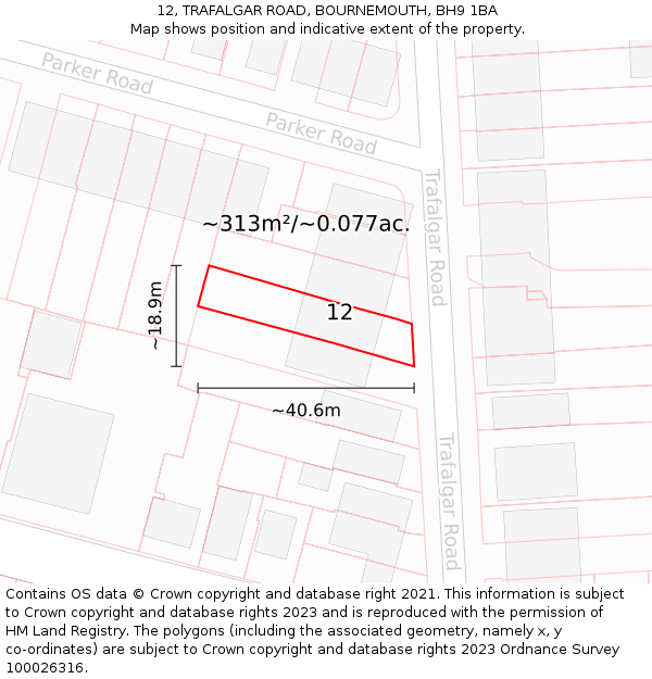 12, TRAFALGAR ROAD, BOURNEMOUTH, BH9 1BA: Plot and title map