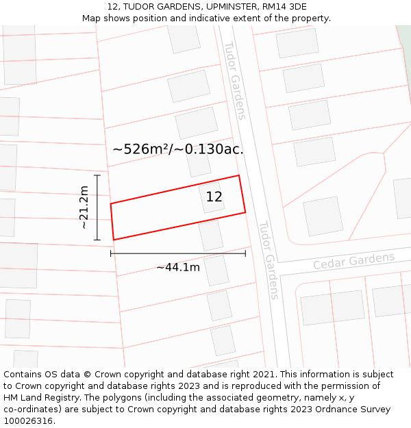 12, TUDOR GARDENS, UPMINSTER, RM14 3DE: Plot and title map