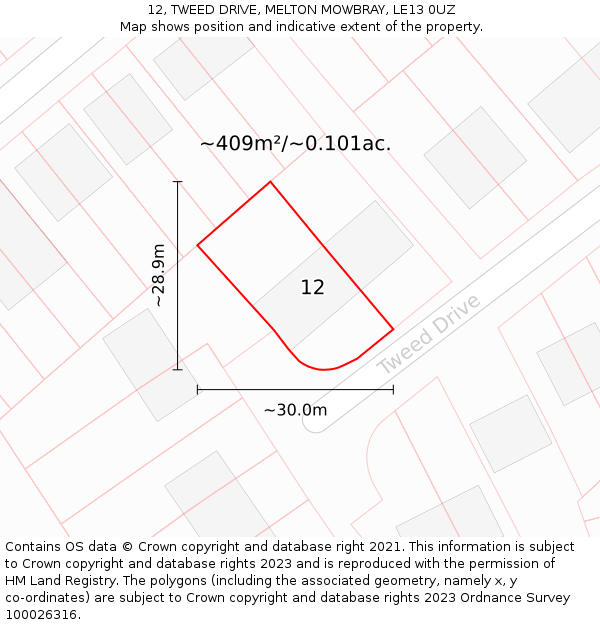 12, TWEED DRIVE, MELTON MOWBRAY, LE13 0UZ: Plot and title map