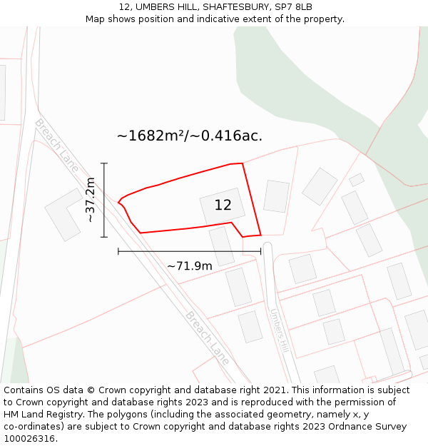 12, UMBERS HILL, SHAFTESBURY, SP7 8LB: Plot and title map