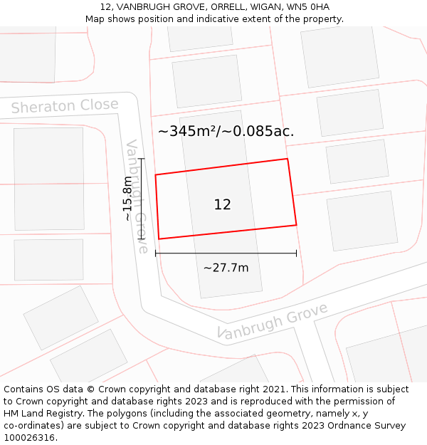 12, VANBRUGH GROVE, ORRELL, WIGAN, WN5 0HA: Plot and title map